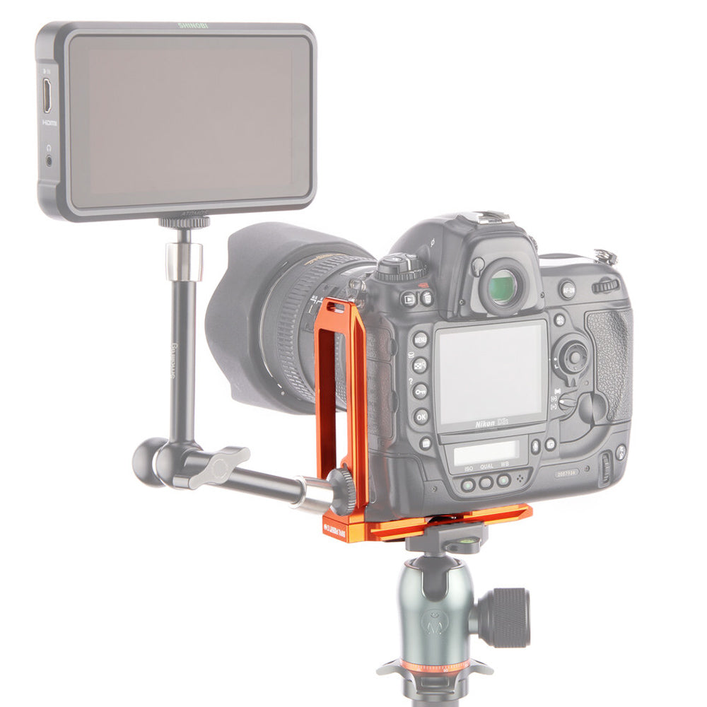 3-Legged-Thing QR11 FBC-2 universal L-bracket in orange, Arca-Swiss compatible with adjustable vertical and horizontal mounting via quick-release clamp.