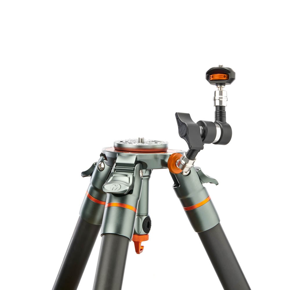 3-Legged-Thing Pivot 150 mm Magic Arm in Lava (black with orange accents), articulated arm with ¼″-20 screws and central lock knob.