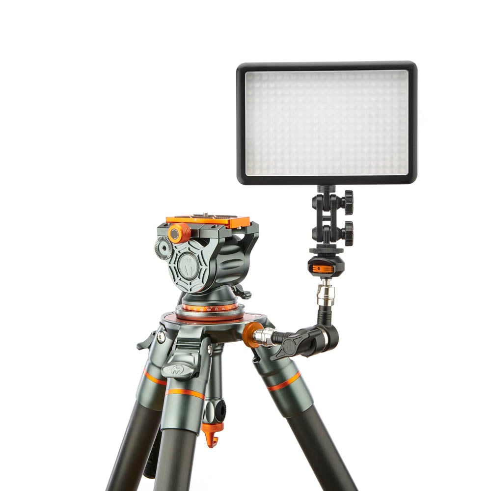 3-Legged-Thing Pivot 150 mm Magic Arm in Lava (black with orange accents), articulated arm with ¼″-20 screws and central lock knob.