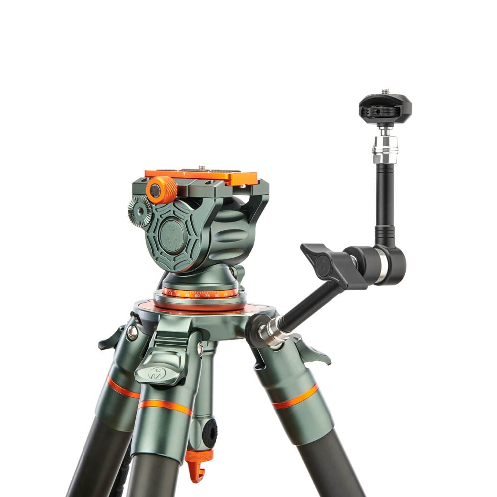 Camera tripod with head on a white background