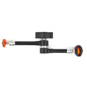 Black and silver mechanical device with orange accents on a white background