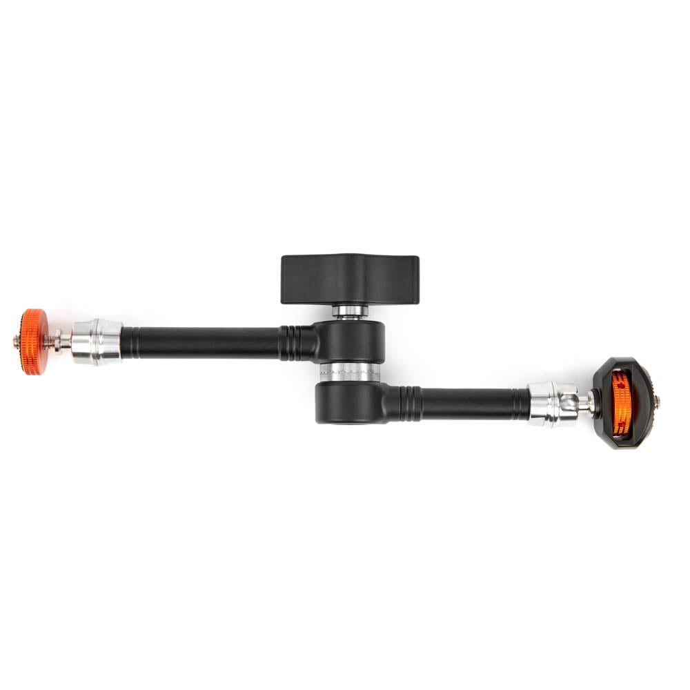 Black and silver mechanical device with orange accents on a white background