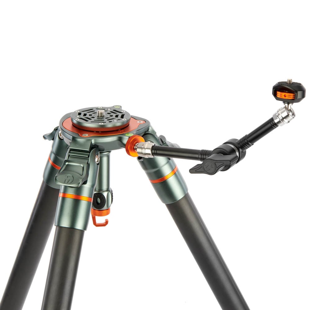 Camera tripod with pan head on a white background