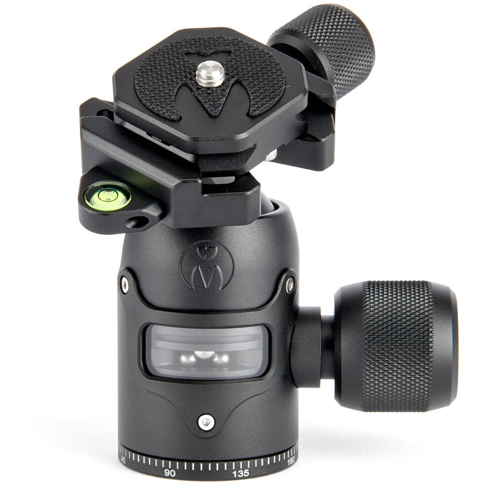 3 Legged Thing AirHed Vu Ball Head in matte black, featuring a magnesium alloy body with a clear vision panel showing the internal mechanism, Arca-type quick release plate, coloured knurled tightening knob, integrated bubble level, and 360° panning capability with independent pan lock.