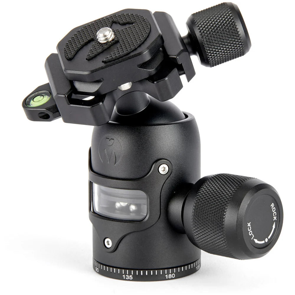 3 Legged Thing AirHed Vu Ball Head in matte black, featuring a magnesium alloy body with a clear vision panel showing the internal mechanism, Arca-type quick release plate, coloured knurled tightening knob, integrated bubble level, and 360° panning capability with independent pan lock.
