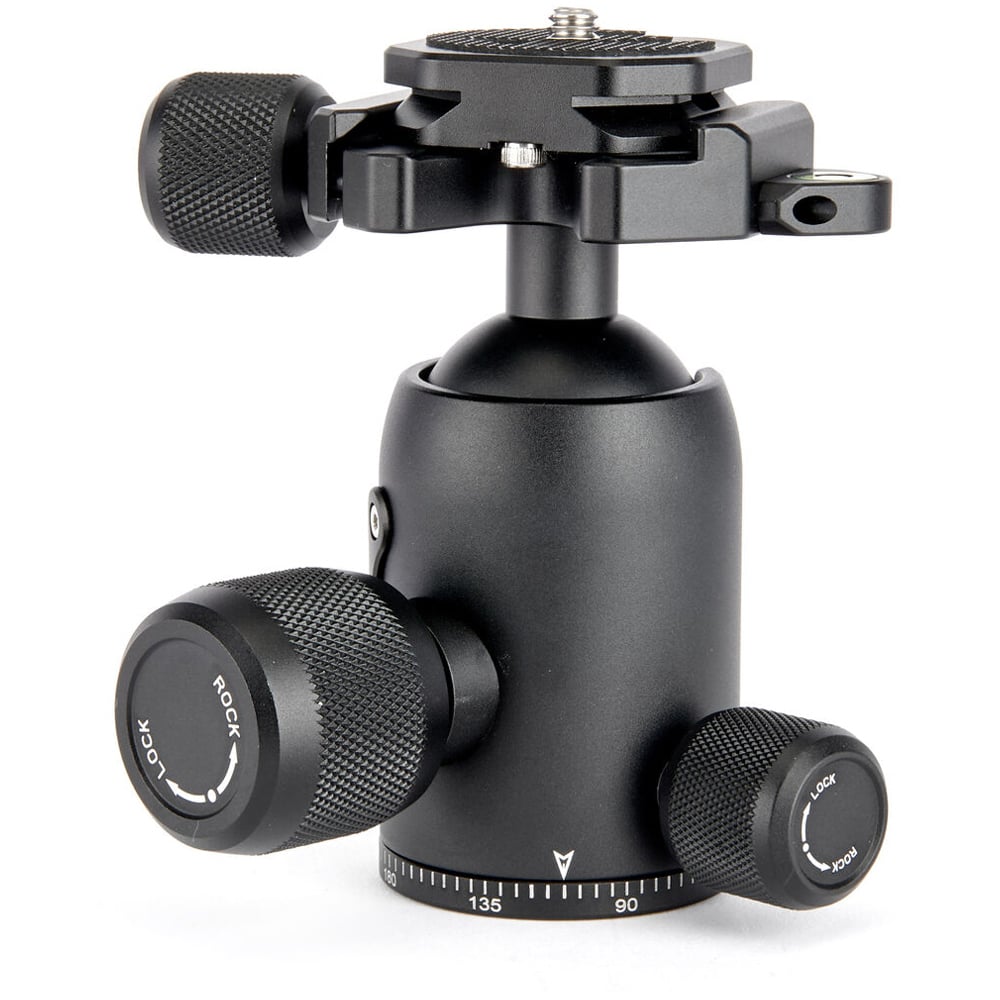 3 Legged Thing AirHed Vu Ball Head in matte black, featuring a magnesium alloy body with a clear vision panel showing the internal mechanism, Arca-type quick release plate, coloured knurled tightening knob, integrated bubble level, and 360° panning capability with independent pan lock.