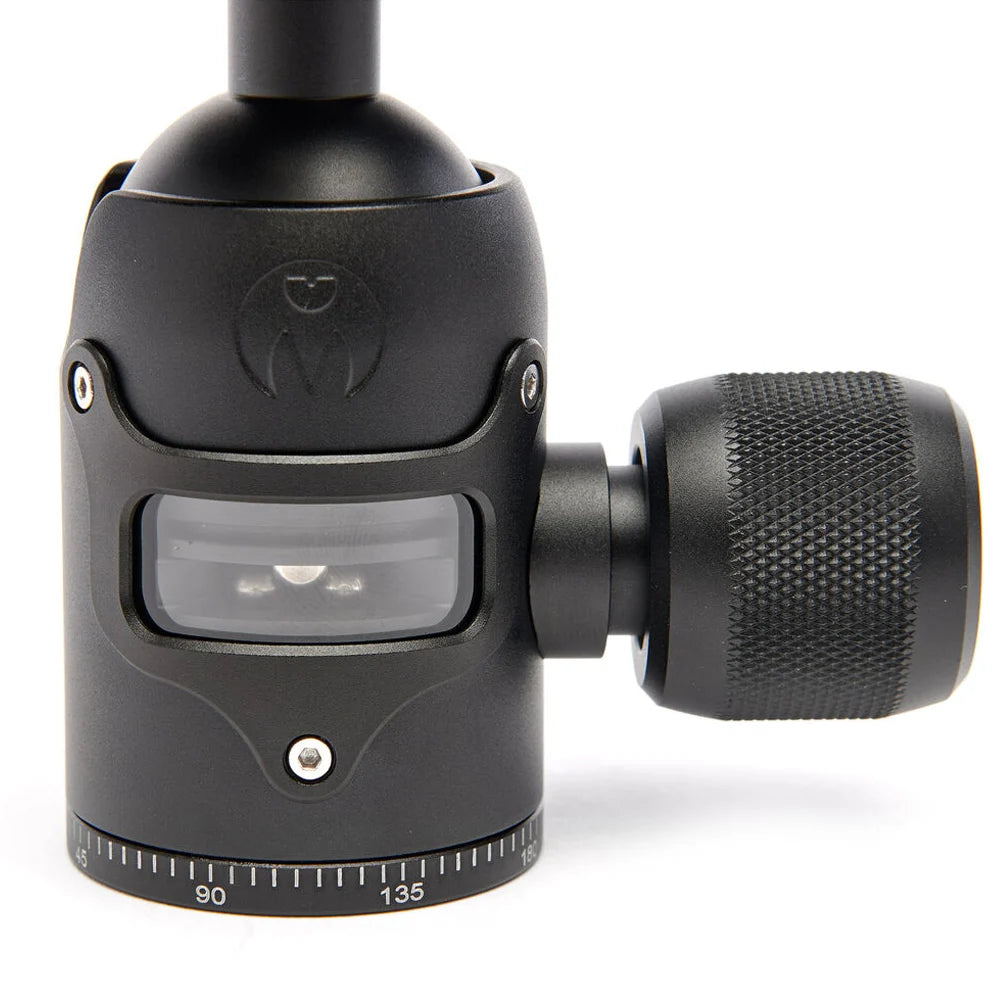 3 Legged Thing AirHed Vu Ball Head in matte black, featuring a magnesium alloy body with a clear vision panel showing the internal mechanism, Arca-type quick release plate, coloured knurled tightening knob, integrated bubble level, and 360° panning capability with independent pan lock.