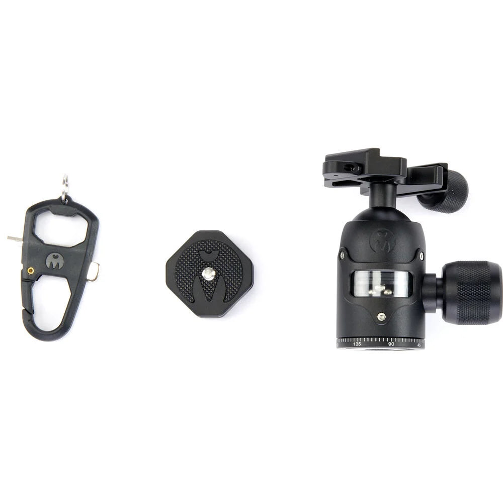 3 Legged Thing AirHed Vu Ball Head in matte black, featuring a magnesium alloy body with a clear vision panel showing the internal mechanism, Arca-type quick release plate, coloured knurled tightening knob, integrated bubble level, and 360° panning capability with independent pan lock.