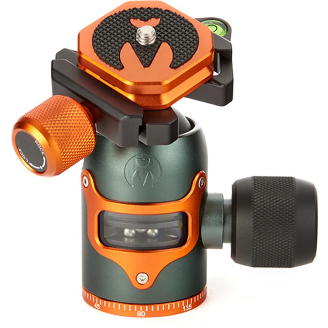3 Legged Thing AirHed Vu Ball Head in matte black, featuring a magnesium alloy body with a clear vision panel showing the internal mechanism, Arca-type quick release plate, coloured knurled tightening knob, integrated bubble level, and 360° panning capability with independent pan lock.