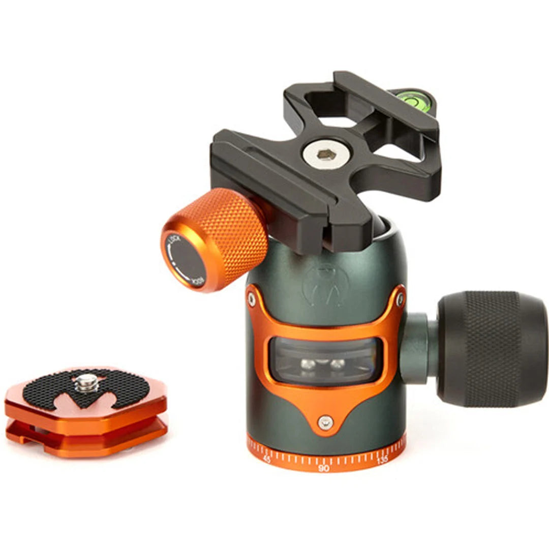 3 Legged Thing AirHed Vu Ball Head in matte black, featuring a magnesium alloy body with a clear vision panel showing the internal mechanism, Arca-type quick release plate, coloured knurled tightening knob, integrated bubble level, and 360° panning capability with independent pan lock.