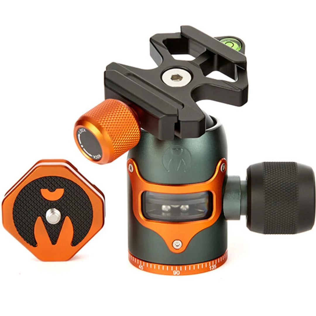 3 Legged Thing AirHed Vu Ball Head in matte black, featuring a magnesium alloy body with a clear vision panel showing the internal mechanism, Arca-type quick release plate, coloured knurled tightening knob, integrated bubble level, and 360° panning capability with independent pan lock.