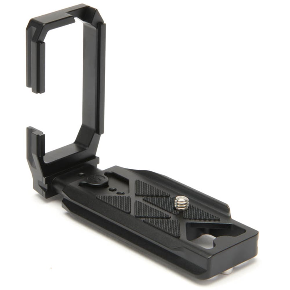Black camera L-bracket on a white background