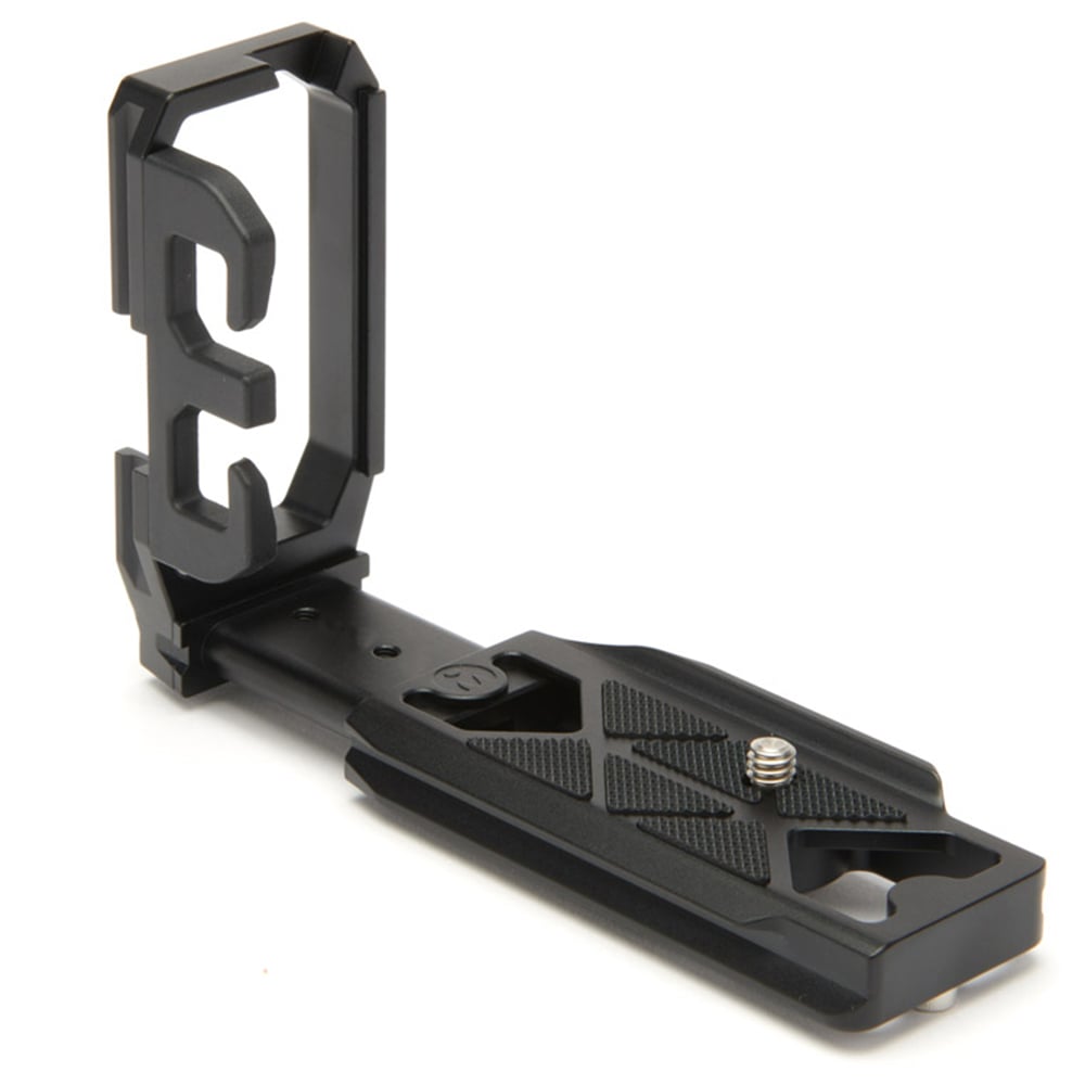 Black camera accessory on a white background