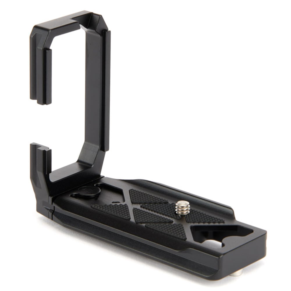 Black camera L-bracket on a white background