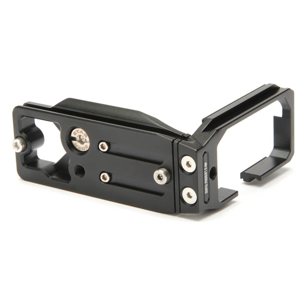 Black metal camera bracket on a white background