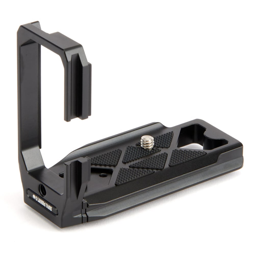 Black metal camera bracket on a white background
