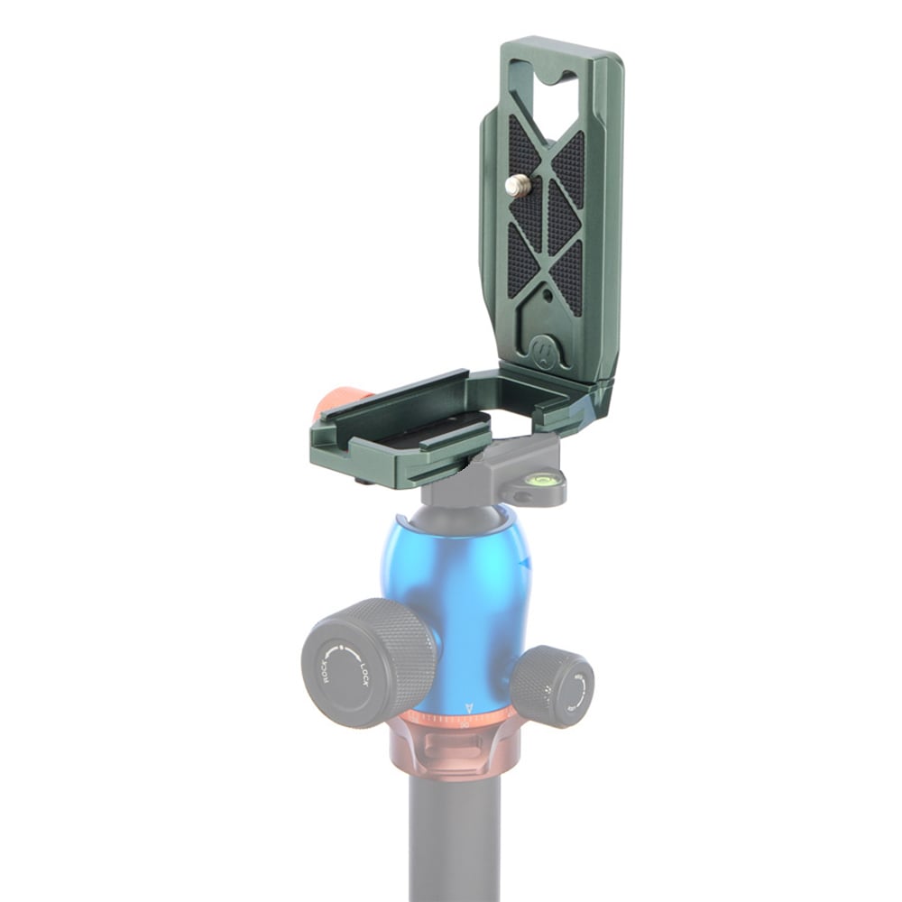 Camera tripod head with quick release plate on a white background