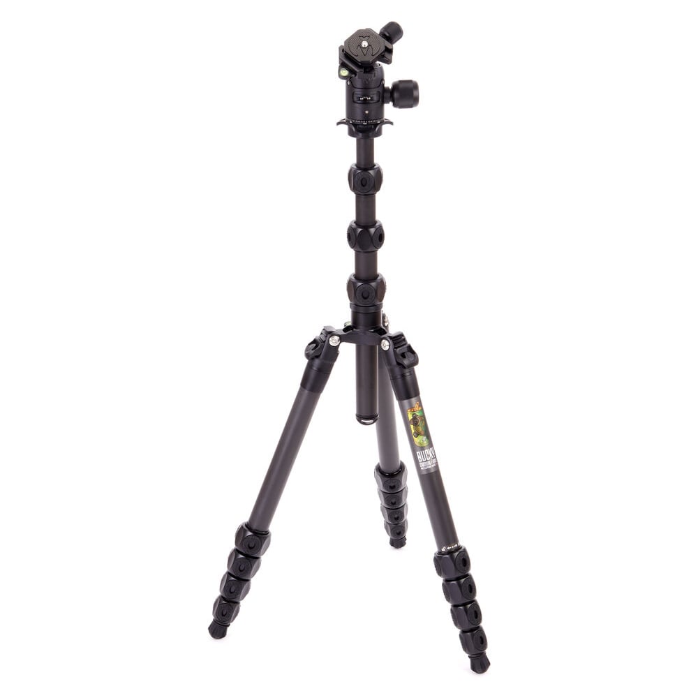 Black camera tripod on a white background
