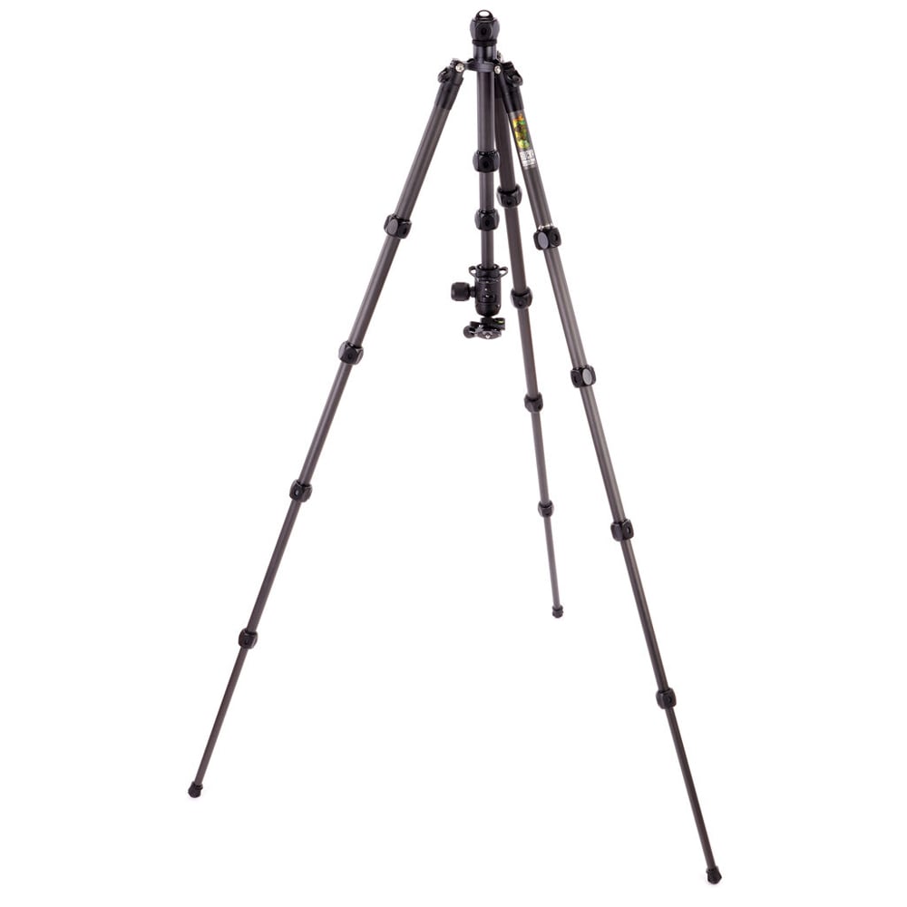 Black camera tripod on a white background