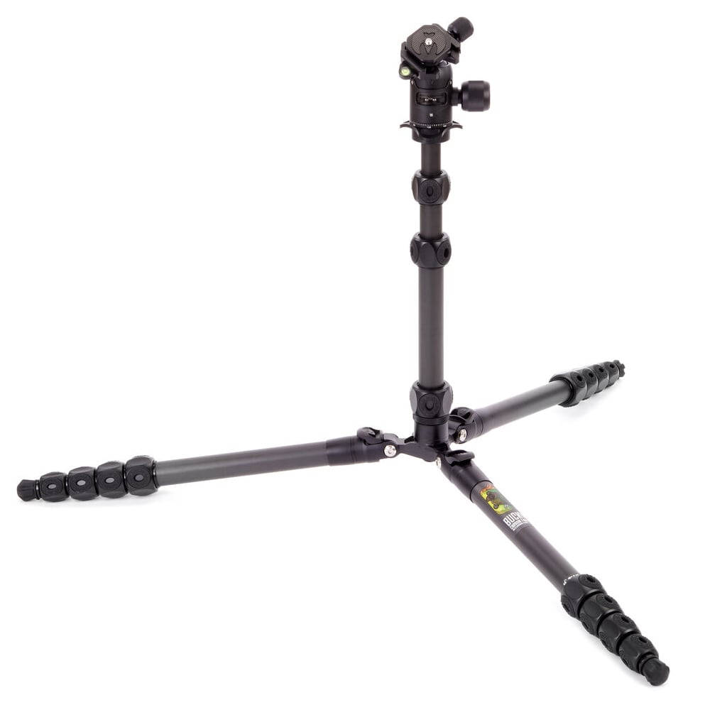 Black camera tripod on a white background