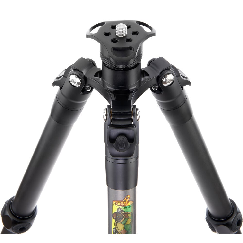Black tripod with adjustable legs on a white background