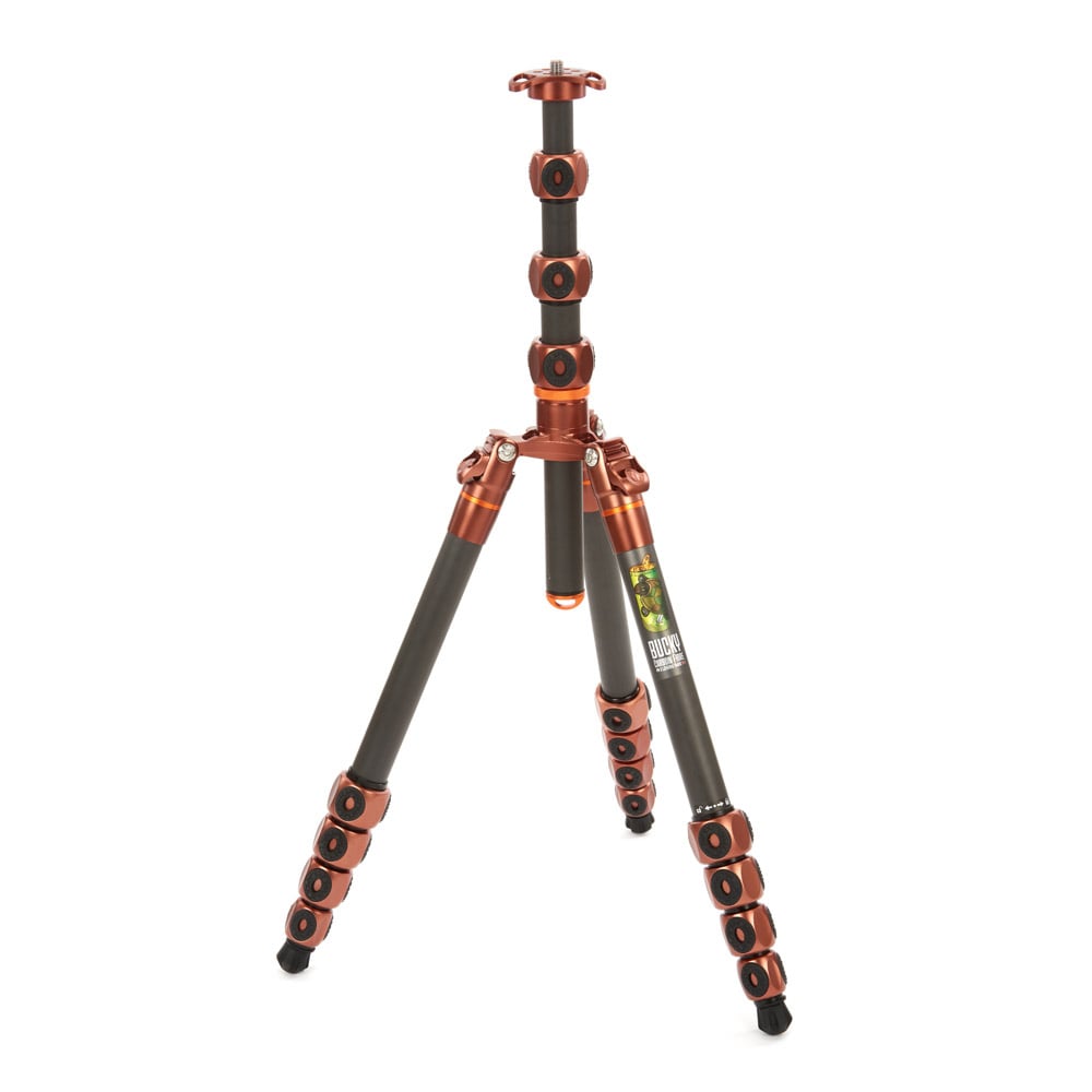 Camera tripod with orange and black design on a white background