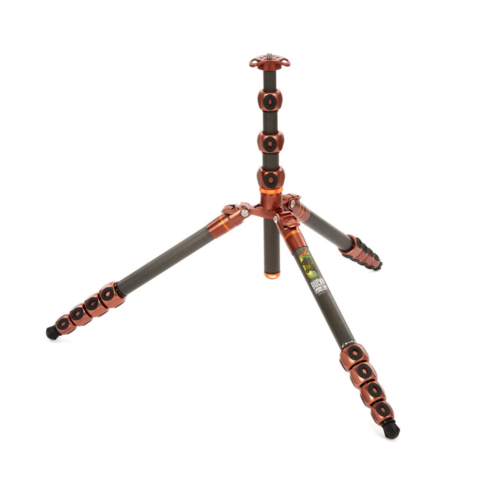 Camera tripod with orange and black design on a white background