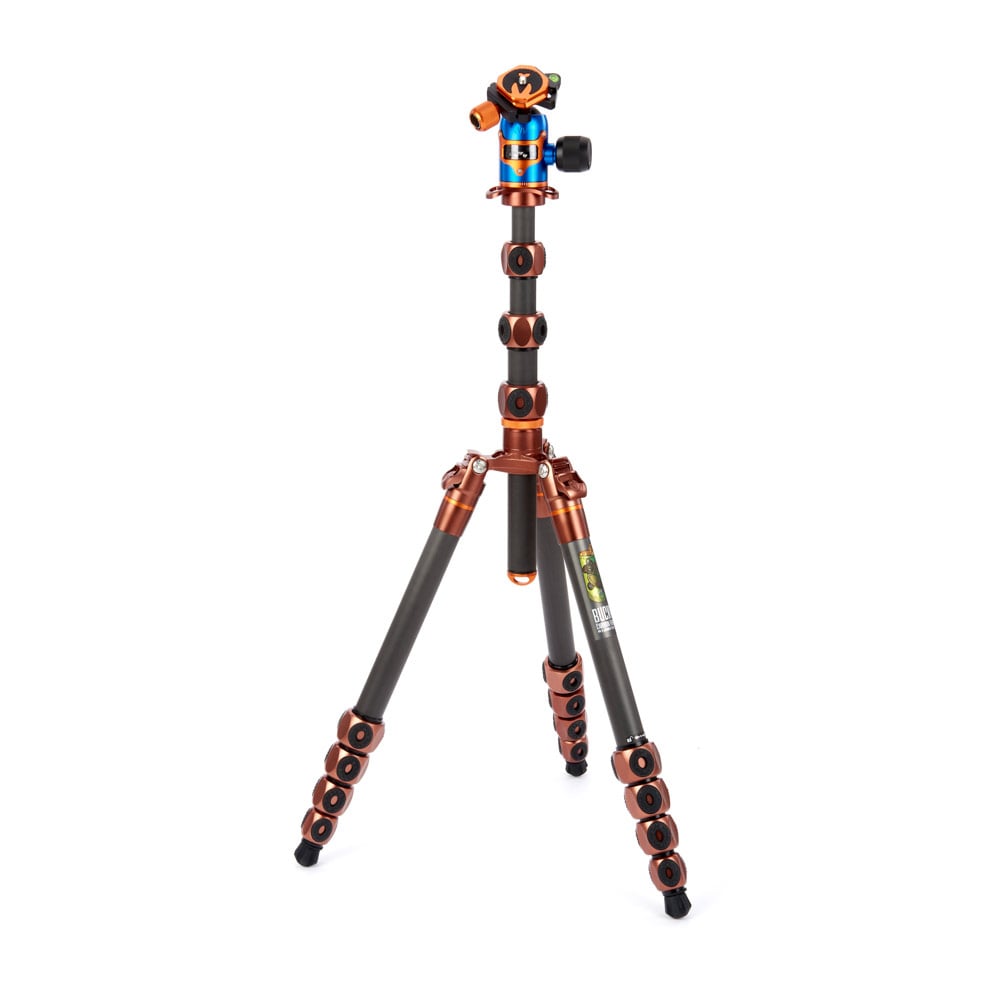 Camera tripod with orange and black design on a white background