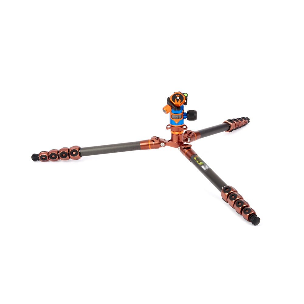 Camera tripod with orange and black design on a white background