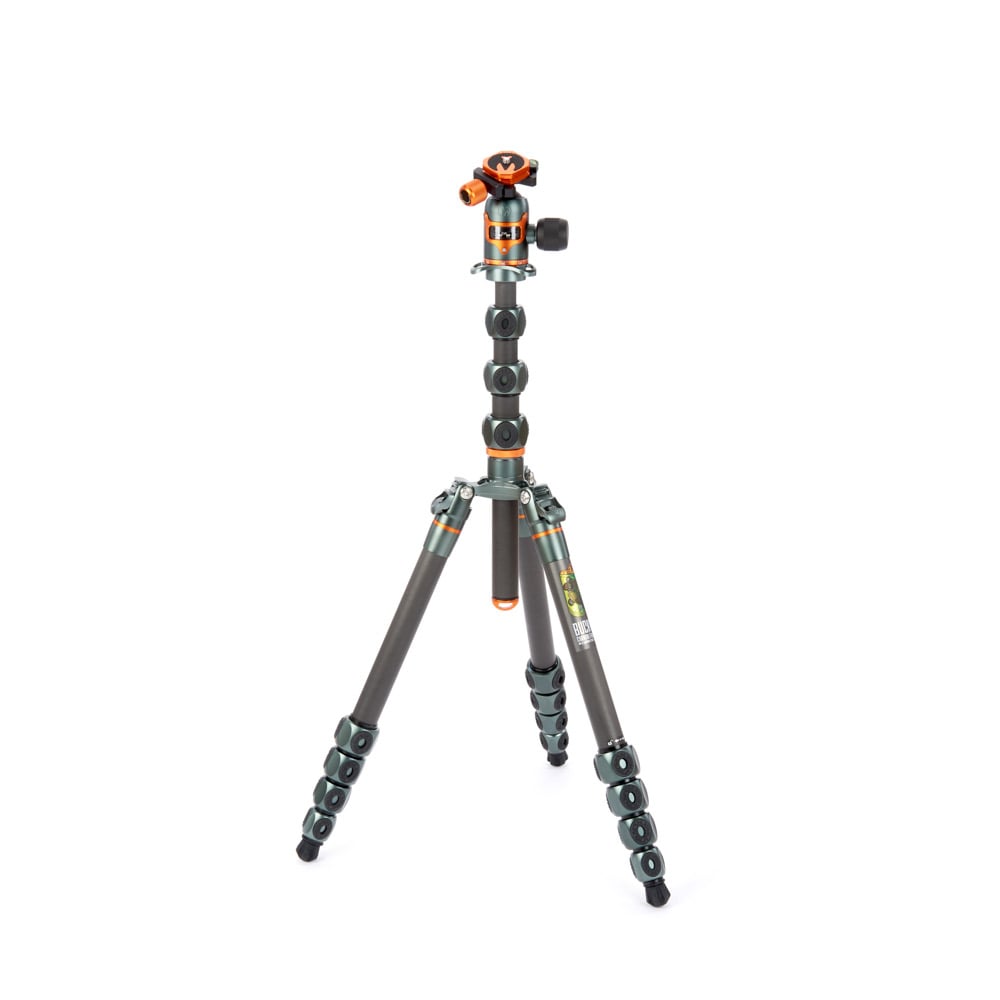 Camera tripod with ball head on a white background