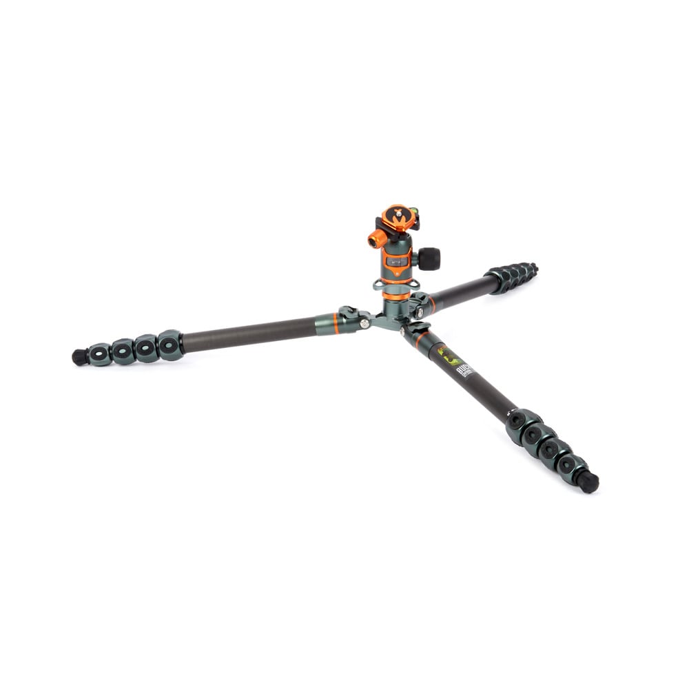 Camera tripod with orange accents on a white background