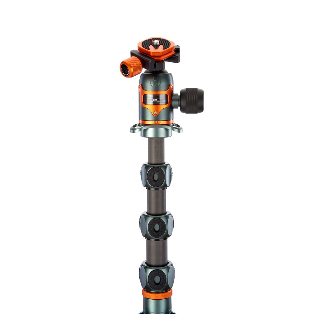 Camera tripod with ball head on a white background