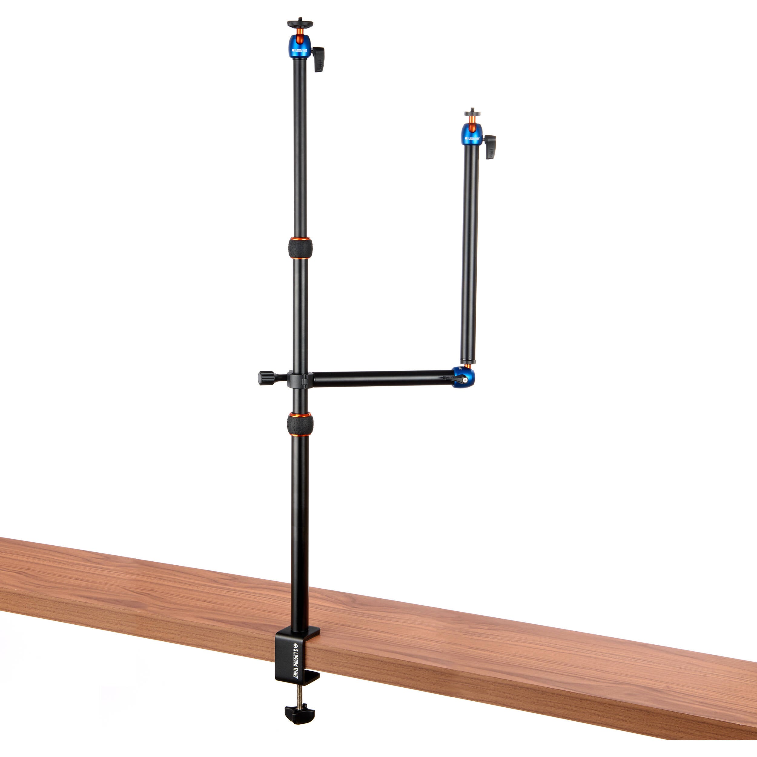 3-Legged-Thing Camera Desk Mount Stand with articulated arm — vertical clamped pole with interconnected horizontal arm and ball-joint extender.