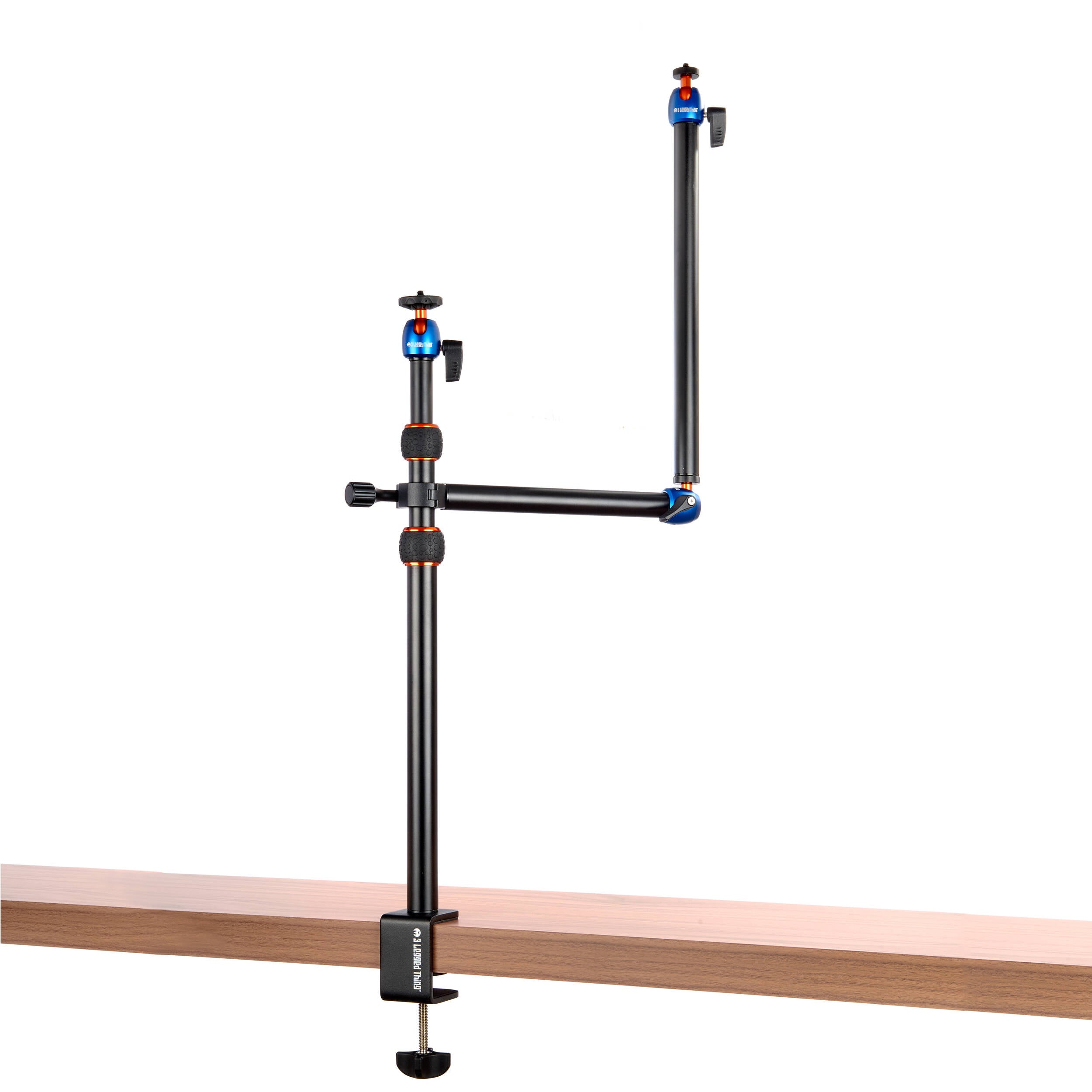 3-Legged-Thing Camera Desk Mount Stand with articulated arm — vertical clamped pole with interconnected horizontal arm and ball-joint extender.