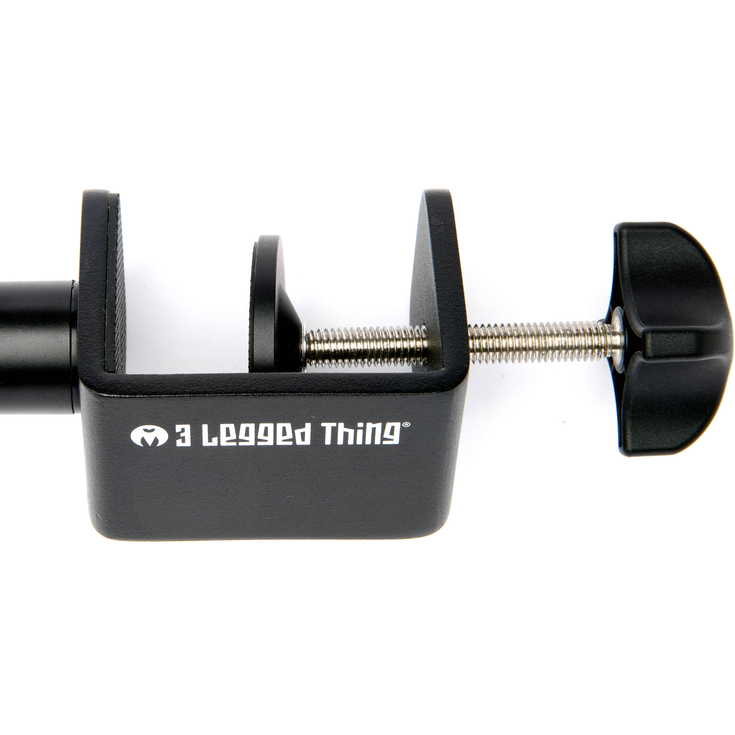 3-Legged-Thing Camera Desk Mount Stand with articulated arm — vertical clamped pole with interconnected horizontal arm and ball-joint extender.
