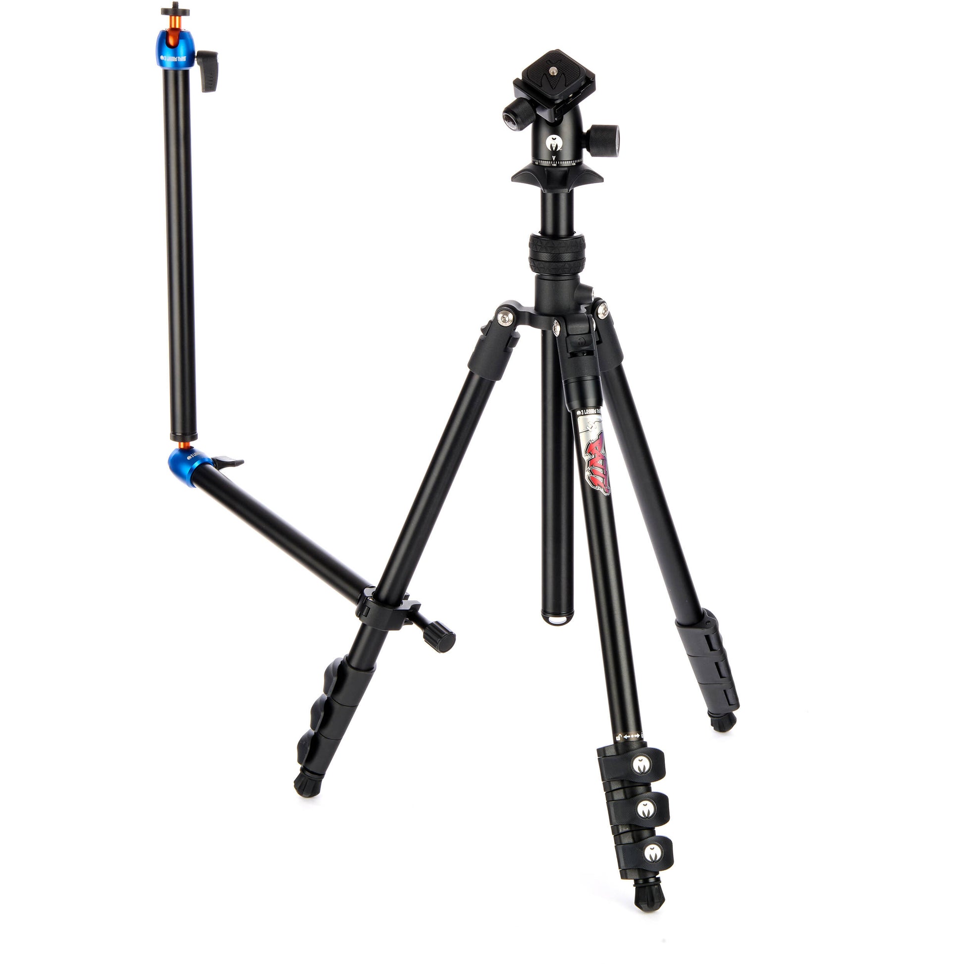 3-Legged-Thing Camera Desk Mount Stand with articulated arm — vertical clamped pole with interconnected horizontal arm and ball-joint extender.