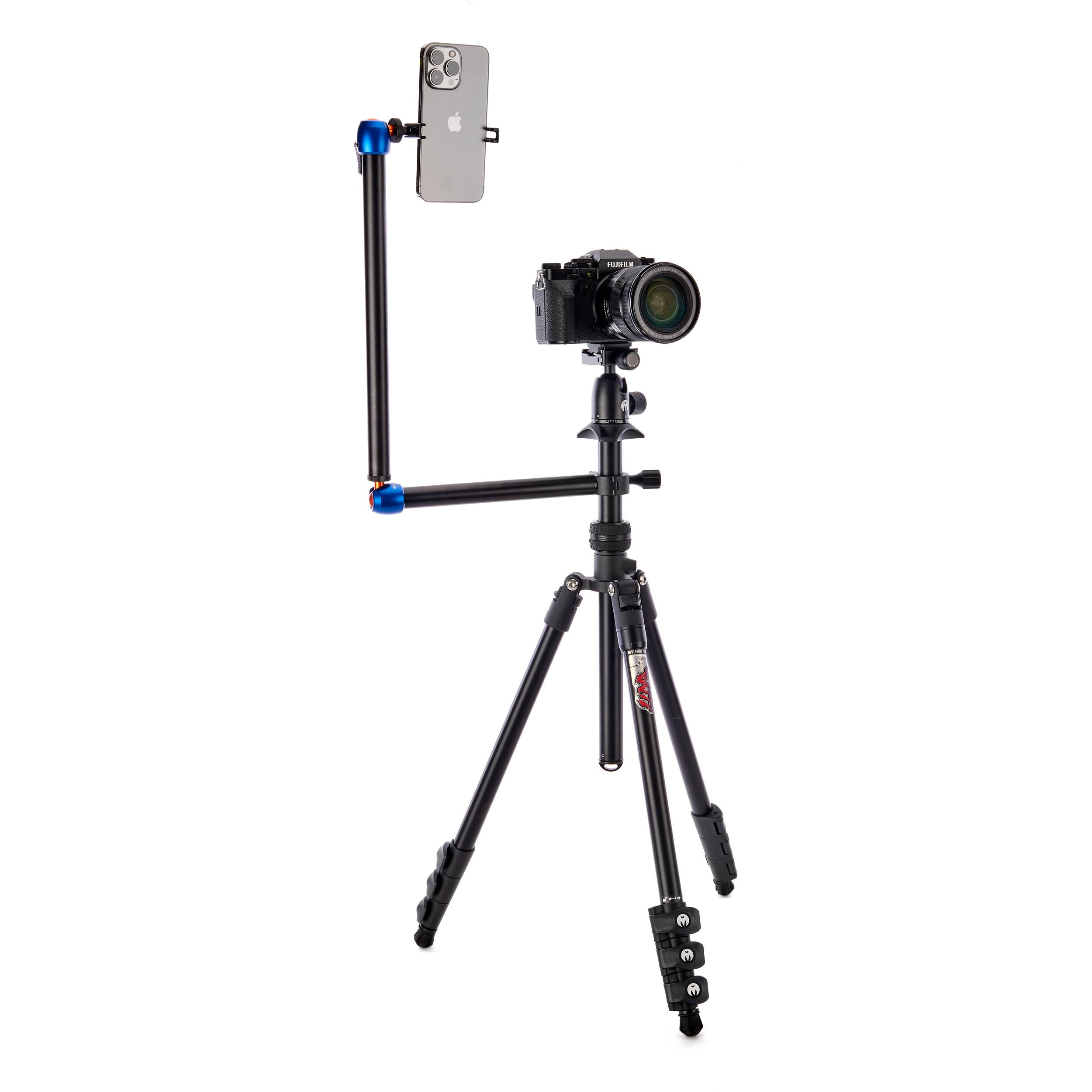 3-Legged-Thing Camera Desk Mount Stand with articulated arm — vertical clamped pole with interconnected horizontal arm and ball-joint extender.