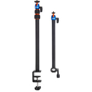 3-Legged-Thing Camera Desk Mount Stand with Auxiliary Arm — table-clamped vertical pole with a horizontal extension arm and additional articulating auxiliary arm with ball heads.