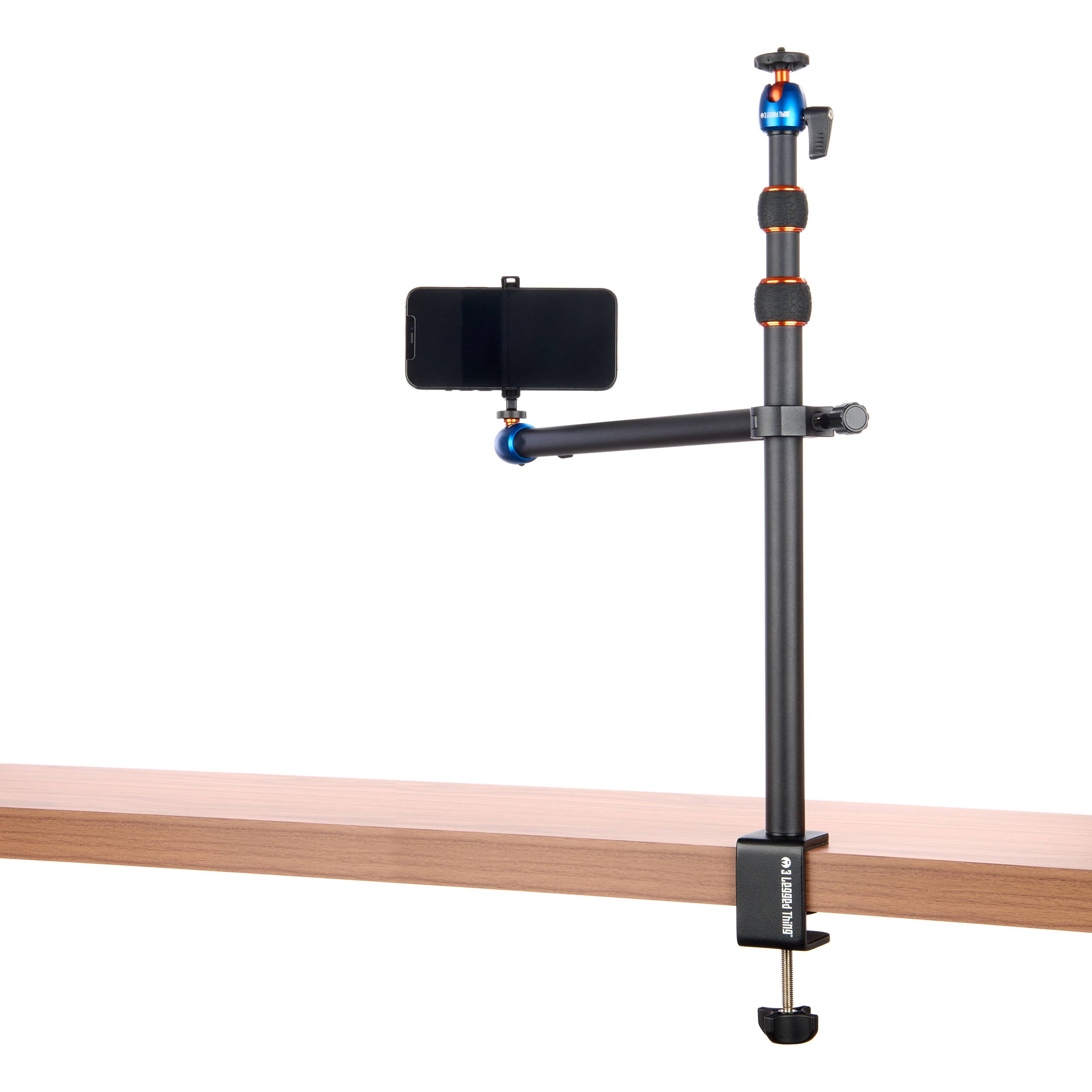 3-Legged-Thing Camera Desk Mount Stand with Auxiliary Arm — table-clamped vertical pole with a horizontal extension arm and additional articulating auxiliary arm with ball heads.