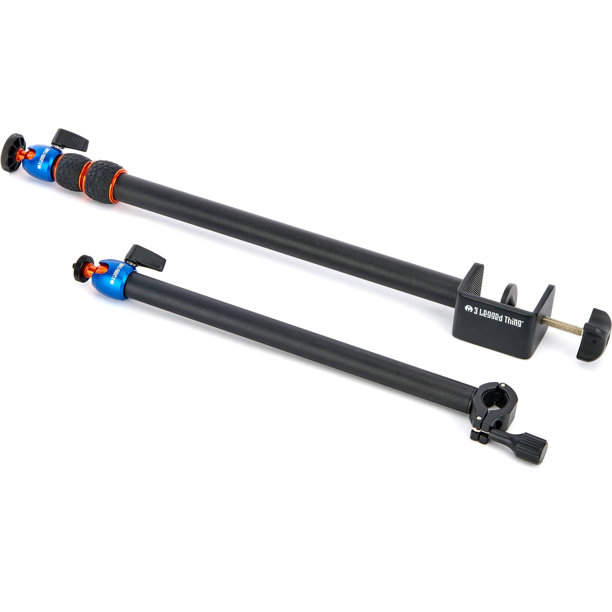 3-Legged-Thing Camera Desk Mount Stand with Auxiliary Arm — table-clamped vertical pole with a horizontal extension arm and additional articulating auxiliary arm with ball heads.
