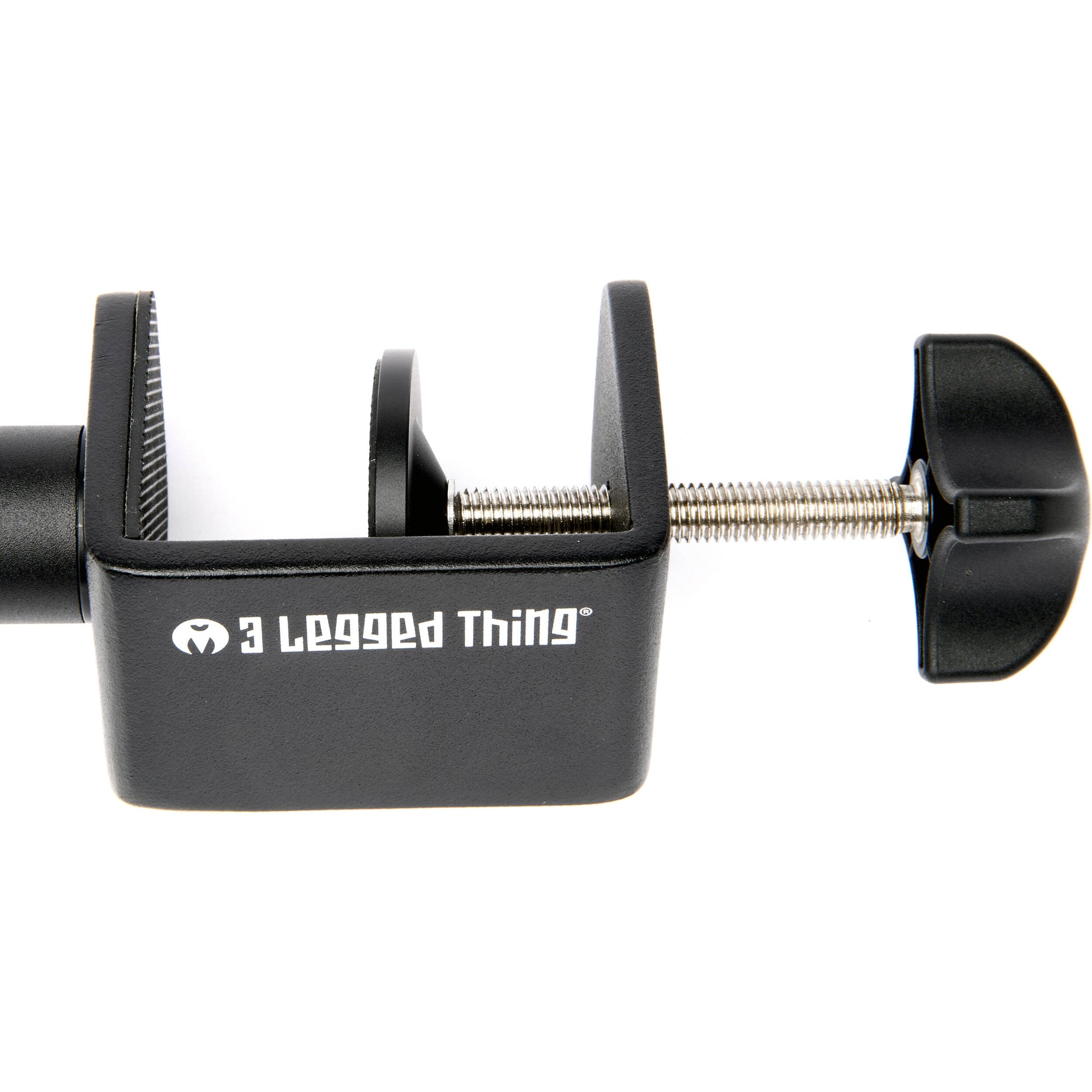 3-Legged-Thing Camera Desk Mount Stand with Auxiliary Arm — table-clamped vertical pole with a horizontal extension arm and additional articulating auxiliary arm with ball heads.
