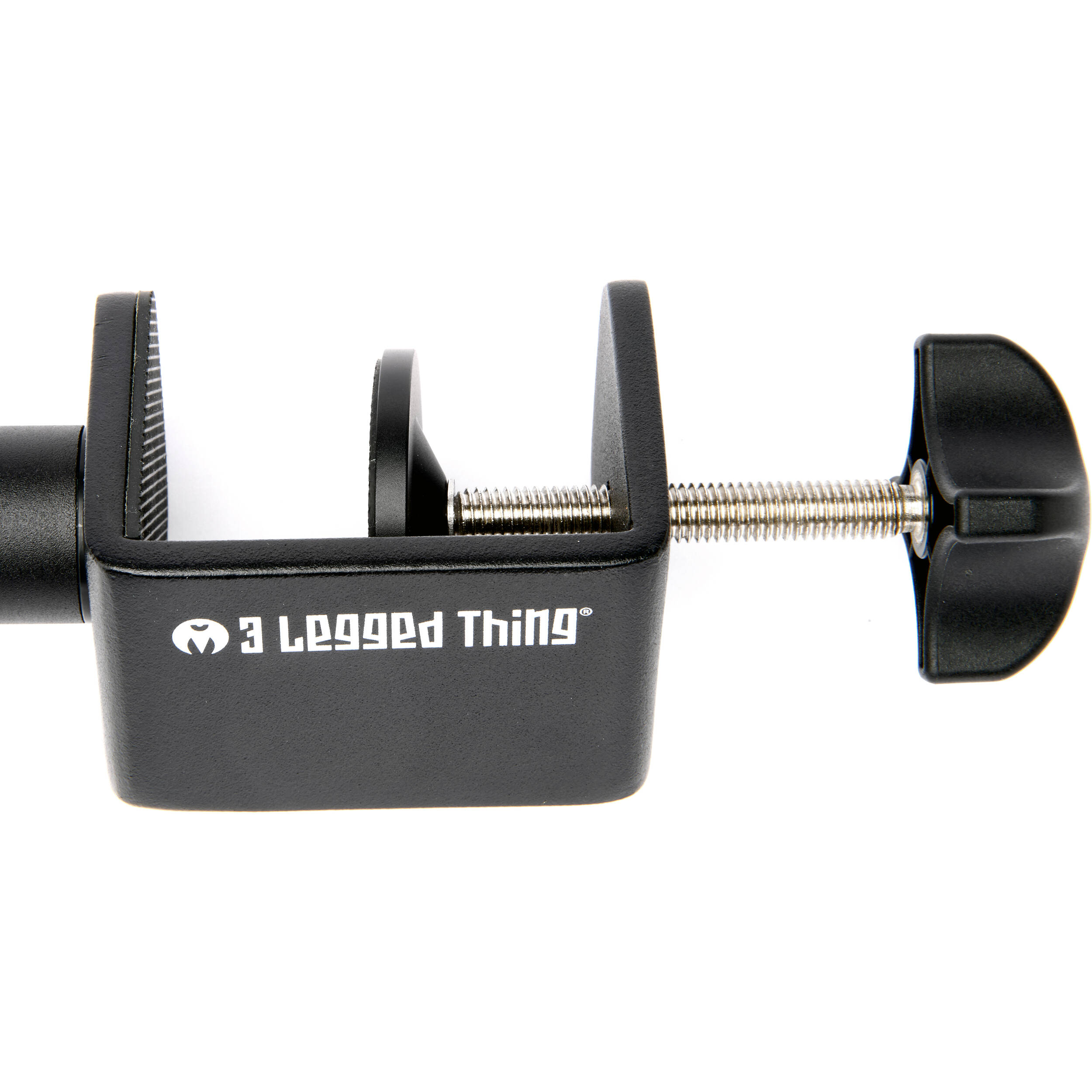 3-Legged-Thing Camera Desk Mount Stand with Auxiliary Arm — table-clamped vertical pole with a horizontal extension arm and additional articulating auxiliary arm with ball heads.