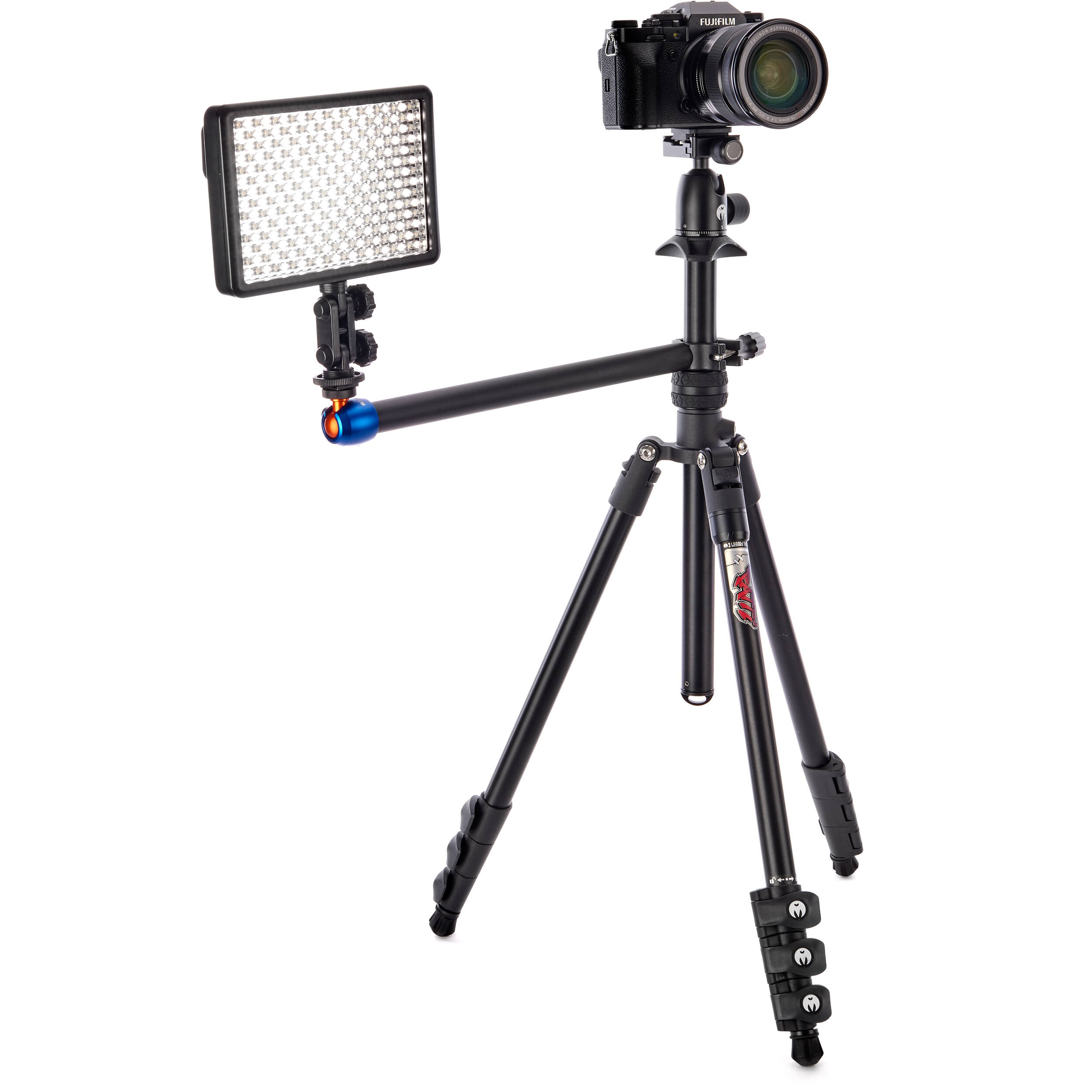 3-Legged-Thing Camera Desk Mount Stand with Auxiliary Arm — table-clamped vertical pole with a horizontal extension arm and additional articulating auxiliary arm with ball heads.