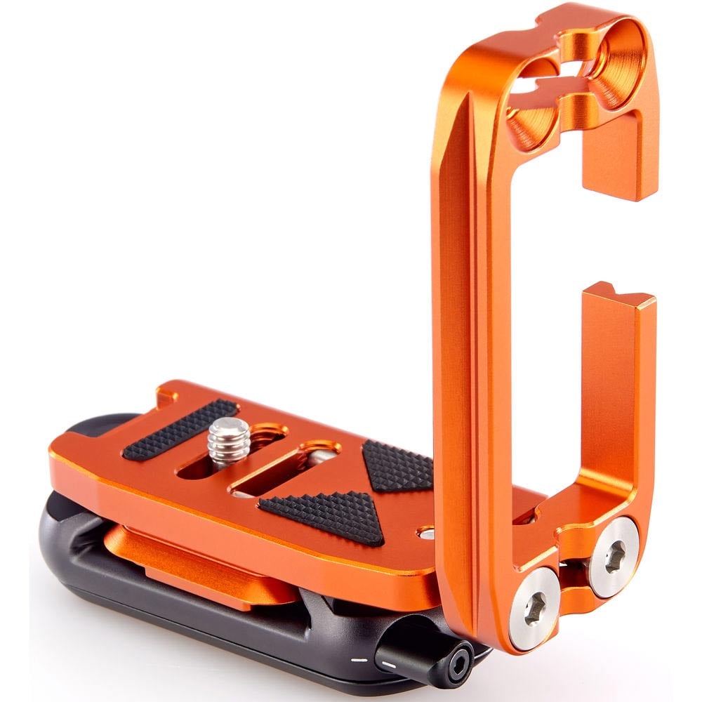 Orange metal clamp with black accents on a white background