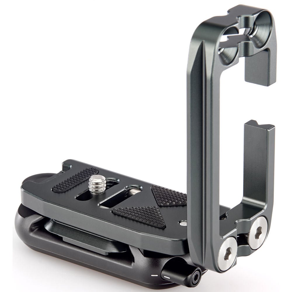 Camera accessory with L-shaped bracket on a white background
