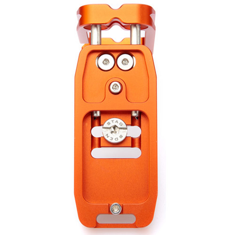 3 Legged Thing Ellie‑C Universal L‑Bracket in copper orange anodised finish, showing adjustable Arca‑type dovetail base with rubber grip pads, stainless steel sliding rods and an upright vertical plate configured for landscape-to-portrait photography.