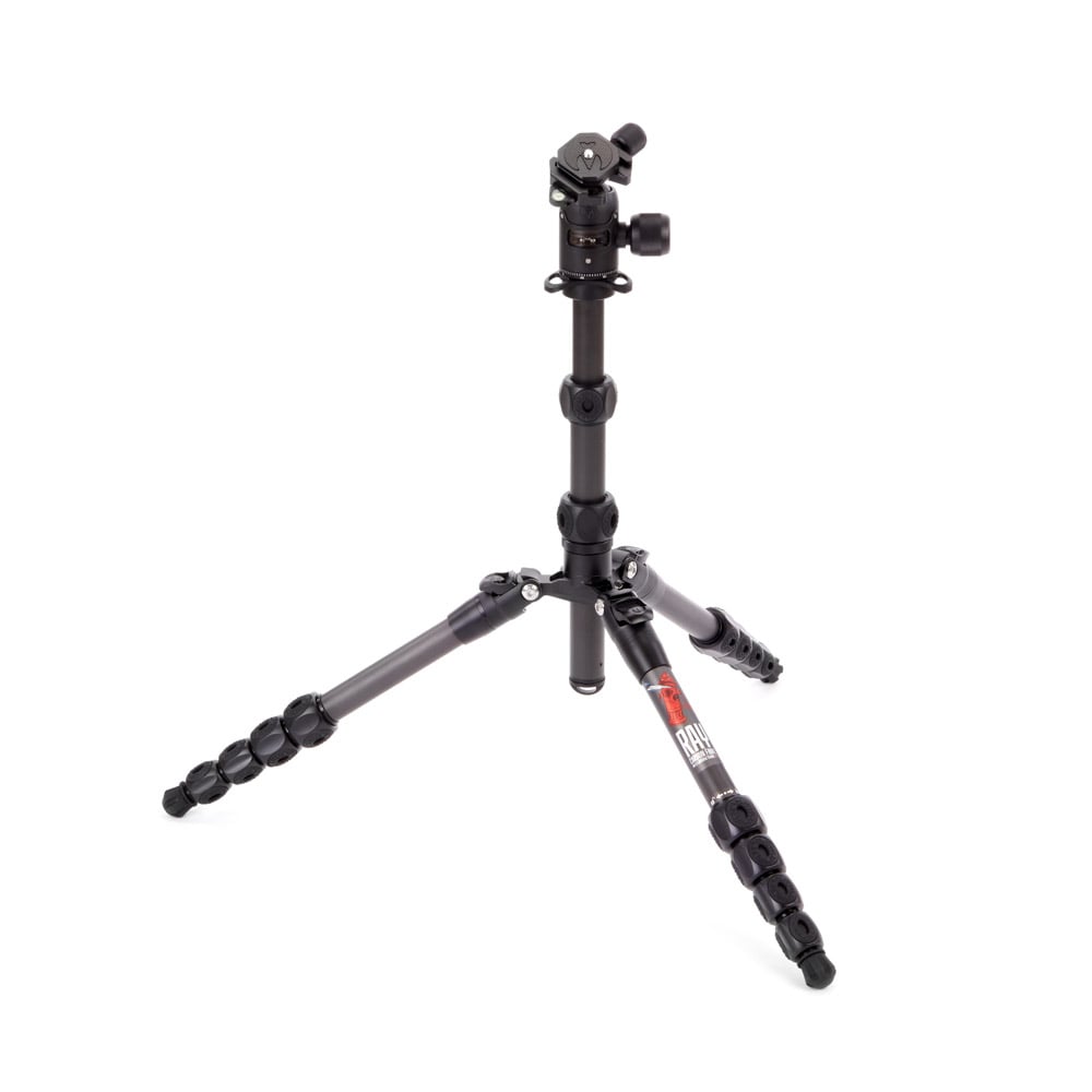 Black camera tripod on a white background