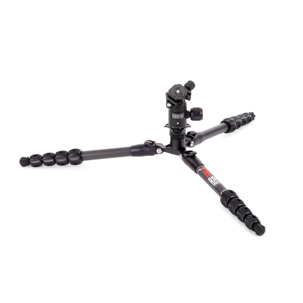 Black camera tripod on a white background