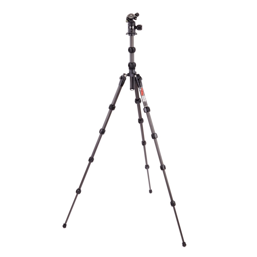 Black camera tripod on a white background