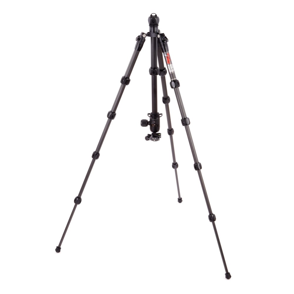 Black camera tripod on a white background